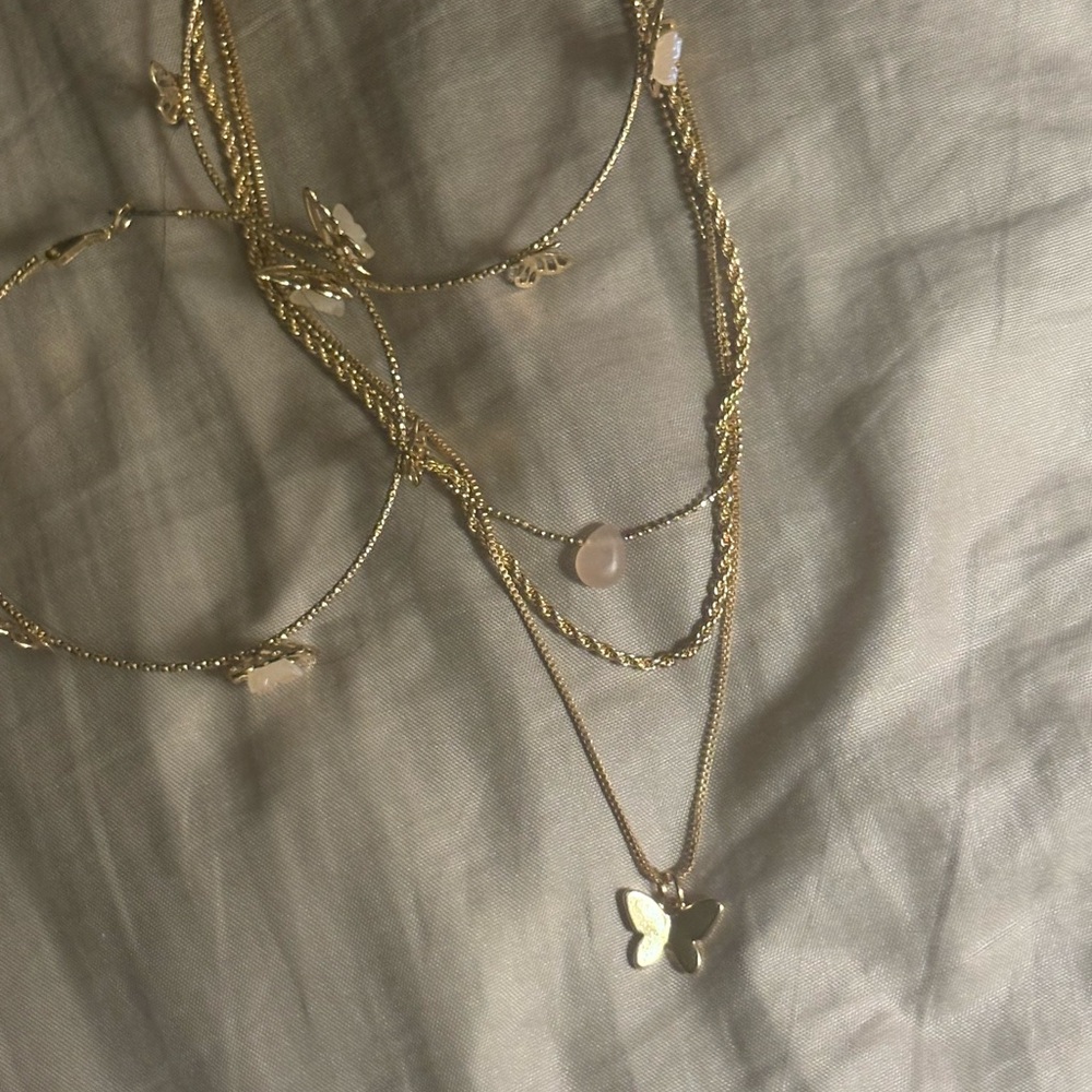 Gold Butterfly Layered Necklace Set with Matching Hoop Earrings - Picture 2 of 8